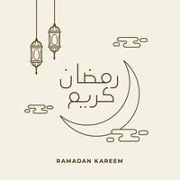 Ramadan kareem einfach Linie Kalligraphie auf das Halbmond Mond mit Wolke und Laterne Lampe zum islamisch Fasten Monat Feier Poster Vektor Illustration Design. Arabisch Übersetzung Ramadan kareem