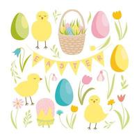 påsk vektor klämma konst uppsättning. Lycklig påsk. annorlunda typer av vektor element för april Semester dekor. bebis kycklingar, korg- picknick korg, färgad ägg, girlander, kaka, tulpaner, blommor, löv.