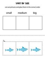 Sortieren süß Blau Hai durch Größe. lehrreich Arbeitsblatt zum Kinder. vektor