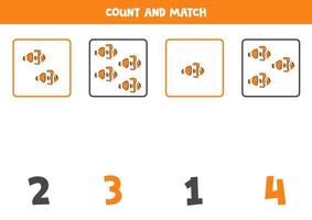räkning spel för ungar. räkna Allt clown fisk och match med tal. kalkylblad för barn. vektor
