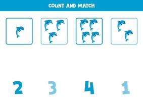 räkning spel för ungar. räkna Allt blå delfiner och match med tal. kalkylblad för barn. vektor