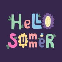 Hallo Sommer- Banner Design. Jahreszeit Berufung, Wochenende, Urlaub Poster, Karte, Header zum Webseite. Sommer- Zeit Karikatur Vektor Beschriftung Text. bunt Urlaub Hintergrund mit Blumen, Blätter, Vogel, Biene