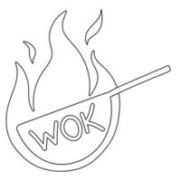 wok fräsning panorera med flamma. ikon i platt klotter stil. vektor illustration. wok, asiatisk mat, logotyp för Kafé