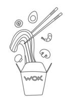 spaghetti med traditionell Ingredienser i en wok låda. vektor illustration i klotter platt stil.
