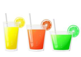 uppsättning glasögon av citron, lime, apelsin juice, och en skivad. naturlig färsk pressas juice. friska diet. de design begrepp av en webb sida, reklam, café, meny. vektor illustration