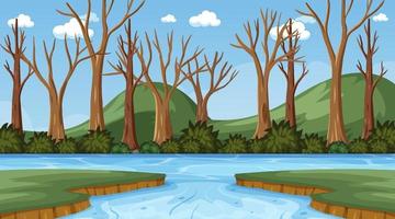 bakgrundsscen med många torra träd och floden vektor