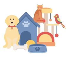 sällskapsdjur affär begrepp. sällskapsdjur mat, sällskapsdjur möbel, papegoja, hund och katt och sällskapsdjur förnödenheter. vektor platt illustration