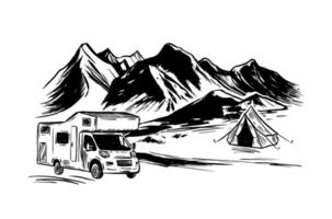 Motor- heim, Berg Landschaft, Camping im Natur, Hand gezeichnet Stil Vektor Illustrationen.