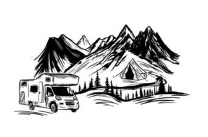 Motor- heim, Berg Landschaft, Camping im Natur, Hand gezeichnet Stil Vektor Illustrationen.