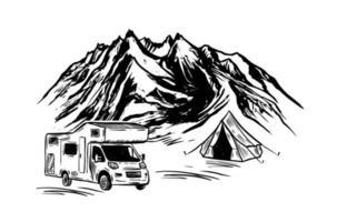 Motor- heim, Berg Landschaft, Camping im Natur, Hand gezeichnet Stil Vektor Illustrationen.