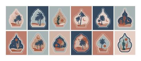 Sammlung von orientalisch Stil islamisch Fenster, Palme Bäume, Kaktus und Wüste vektor