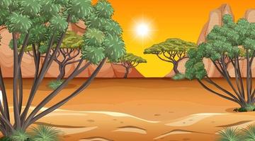afrikanische Savannenwaldlandschaftsszene zur Sonnenuntergangszeit vektor