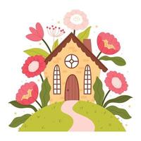 en små saga hus bland stor blommor. barns illustration. hand dragen platt illustration. vektor