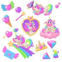 enhörning samling. rosa liten unicorns flickaktigt bricka grafisk. hjärta och is grädde, diamant och krona, fjäril och regnbåge komet isolerat vektor