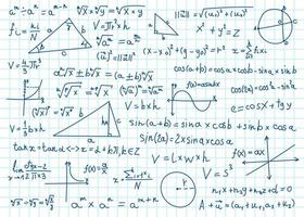 klotter matematik formler. handskriven matematisk ekvationer, system på anteckningsbok kvadrat papper. algebra eller geometri beräkningar vektor uppsättning