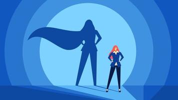 Geschäftsfrau mit Superheld Schatten. stark, zuversichtlich und erfolgreich Geschäft Frau. Führung, Mut, Leistung, Erfolg Vektor Konzept