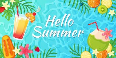 Hallo Sommer. Urlaub oder Ferien Banner mit tropisch Früchte, Blumen, Cocktails, Eis Creme, Palme Blätter, Ozean. Sommer- Party Vektor Illustration