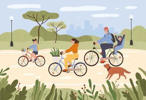 Familie auf Fahrräder. Eltern und Kinder Reiten Fahrräder. aktiv Familie Radfahren im Stadt Park. Sommer- draussen Erholung, Sport Aktivität Vektor Illustration