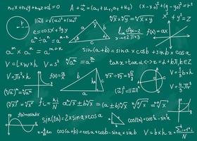 matematik formler. matematisk formler på grön skola svarta tavlan. handskriven vetenskaplig matematik ekvationer, teorier eller beräkningar vektor bakgrund