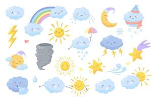 süß Wetter. Karikatur Wetter Zeichen mit glücklich Gesichter. Wolken, Blitz, Regenbogen, Sonne, Mond, Stern. kawaii Meteorologie Vektor Symbole