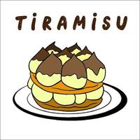 Vektor Illustration Tiramisu - - traditionell Italienisch Dessert mit Mascarpone auf Platte. hausgemacht Kuchen mit savoiardi Kekse, Kaffee und Mascarpone Creme, traditionell Süss Geschirr von Italien.