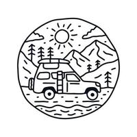 gehen Camping mit schön Wohnmobil van auf das Wald im Mono Linie Kunst vektor