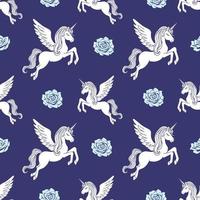 vit bevingad unicorns och blå rosor. romantisk sömlös mönster. vektor