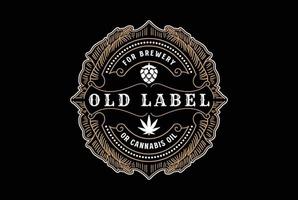 årgång retro gyllene humle hantverk öl eller cannabis marijuana blad cbd hampa olja bricka emblem märka logotyp design vektor