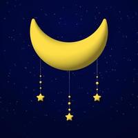 söt 3d halvmåne måne och stjärnor på natt himmel bakgrund. fyrkant sammansättning. vektor illustration.