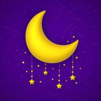 süß Hintergrund mit golden Mond und Sterne Girlande auf Blau Nacht Himmel. Vektor Illustration.