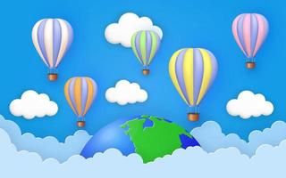 söt blå himmel bakgrund med papper skära moln och 3d färgrik varm luft ballonger flygande över jorden. vektor
