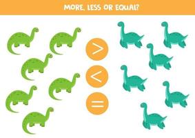 mehr, weniger, gleich mit niedlichen Dinosauriern. Mathe-Spiel. vektor