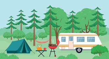 sommar eller vår landskap med skog, hängmatta, camping tält och trailer. turist camping begrepp. vektor baner eller affisch illustration.