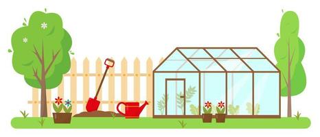 Gewächshaus, Gartenarbeit Werkzeuge und Bäume im Garten. Frühling oder Sommer- Banner, Konzept oder Hintergrund Vektor Illustration.