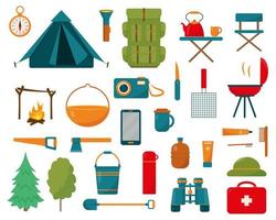 Camping und Wandern Ausrüstung einstellen auf Weiß Hintergrund. groß Sammlung von Elemente oder Symbole zum Camping Konzept Design. Vektor Illustration.