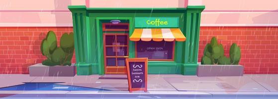 Stadt Straße mit Kaffee Geschäft Vorderseite im Regen vektor