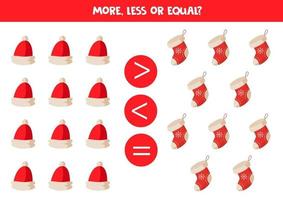 Vergleich von Objekten für Kinder. mehr, weniger mit Cartoon Weihnachtsmützen und Socken. vektor