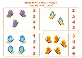 Zählspiel mit Schmetterlingen. Mathe-Arbeitsblatt. vektor