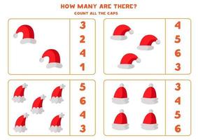 Zählen Sie alle Weihnachtsmannhüte. Mathe-Spiel für Kinder. vektor