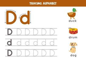 handstil övning med alfabetet bokstaven. spåra d. vektor