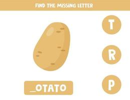 Finde den fehlenden Brief und schreibe ihn auf. süße Cartoon-Kartoffel. vektor