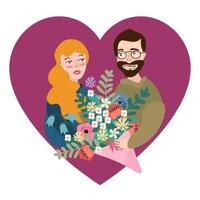 Mann geben ein Blumen zum jung Frau mit lange Haar. Valentinsgrüße Tag Grafik. modern eben Vektor Konzept Illustration. Mann halten Strauß von Blumen. süß Zeichen im Liebe Konzept.