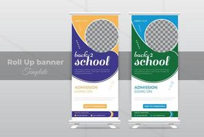 kreativ och modern antagning utbildning rulla upp baner mall eller reklam, presentation, skriva ut redo, layout, företags- företag barn tillbaka till skola x standee baner design vektor