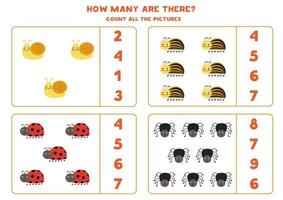 Zähle alle niedlichen Insekten und kreise die richtigen Antworten ein. Mathe-Spiel für Kinder. vektor