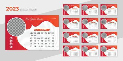 ny år 2023 företags- företag kalender design mall med planerare dagbok de vecka börjar på måndag uppsättning av 12 månader sidor vektor