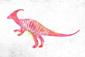 dinosaurie affisch text parasaurolophus teckning med Färg, levande måla på smutsig papper bakgrund. vektor