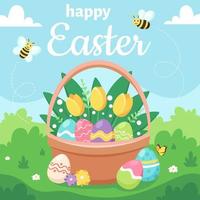 glad påsk gratulationskort. korg med påskägg och blommor. vektor illustration