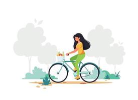 kvinna ridning cykel. hälsosam livsstil, sport, utomhusaktivitetskoncept. vektor illustration