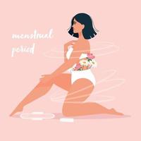 menstruationstema. kvinnlig hygien. glad ung kvinna i underkläder med blommor och kudde vektor
