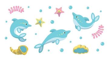 söt delfiner, sjöstjärnor och skal. vektor illustration